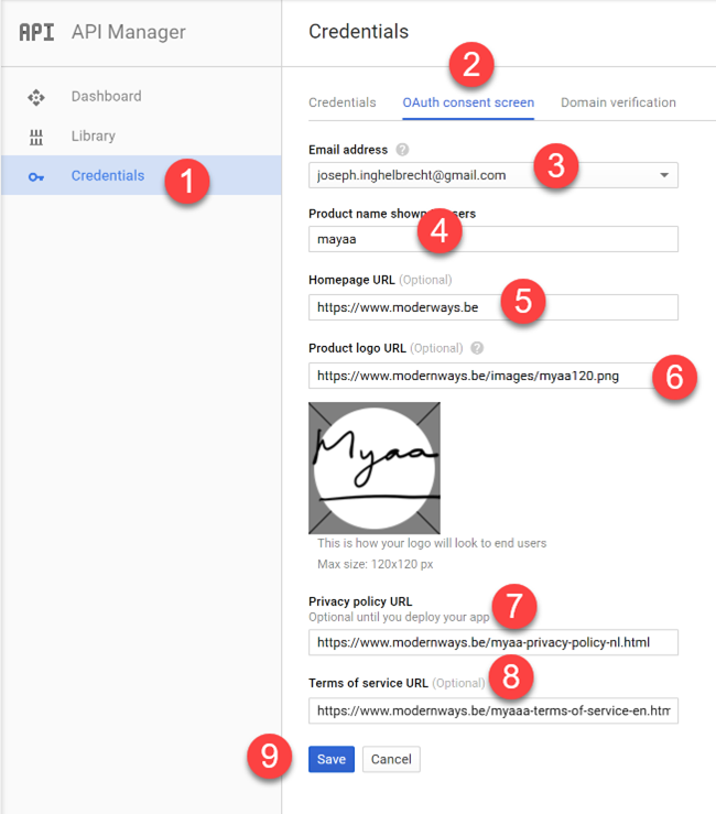 Google Developer Console - Credentials - OAuth consent screen